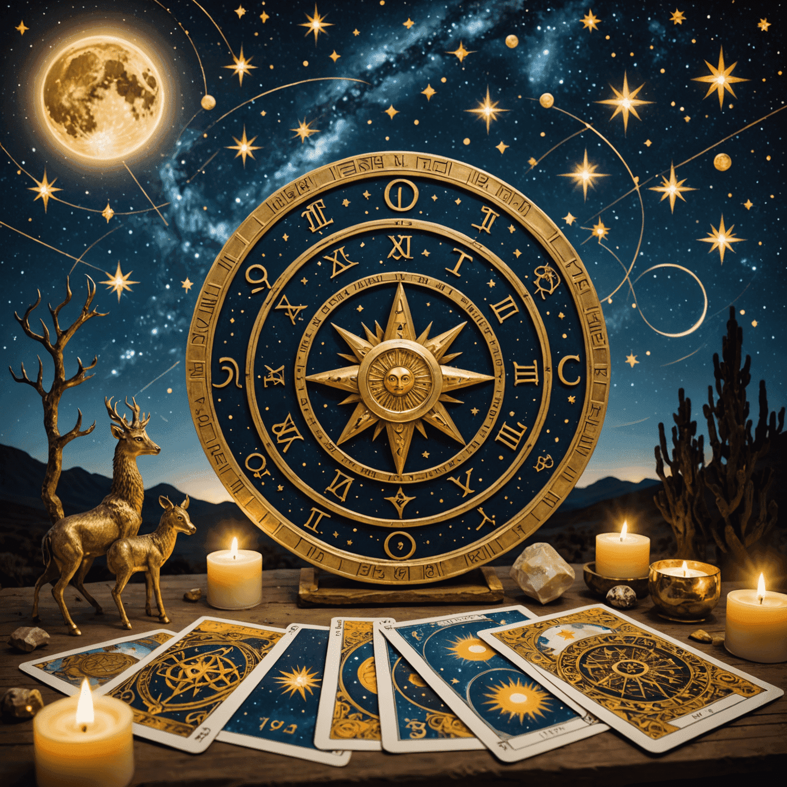 Astrolojik sembollerin ve tarot kartlarının yer aldığı mistik bir görsel. Arka planda yıldızlı bir gece gökyüzü ve ön planda altın renkli astroloji sembolleri bulunuyor.