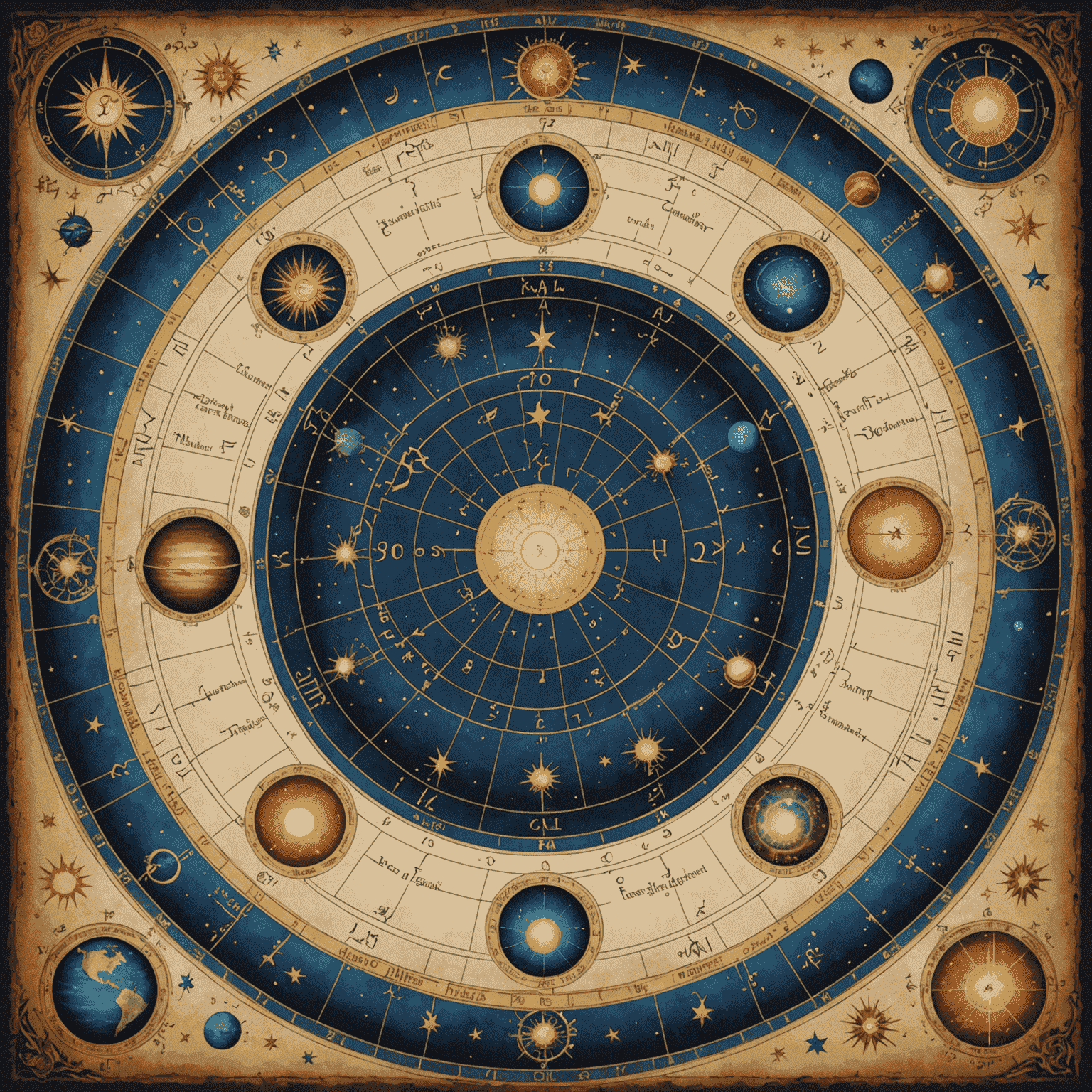Karmaşık bir natal harita gösterimi. Merkezdeki çember içinde burç sembolleri, gezegenler ve açılar yer alıyor. Haritanın etrafında mistik semboller ve yıldız kümeleri bulunuyor.
