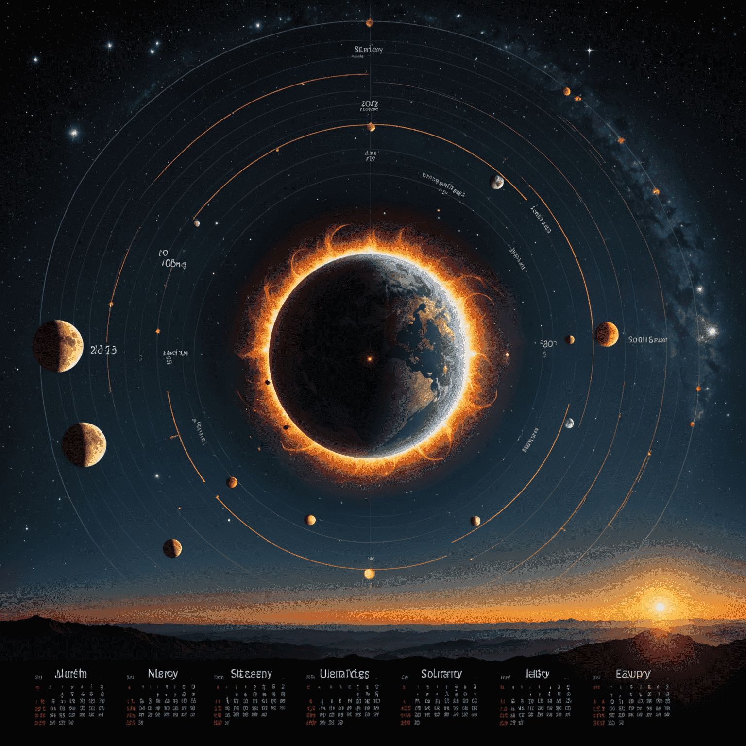 Yaklaşan gök olayları takvimi. Ay tutulması, güneş tutulması ve meteor yağmurları gibi önemli astronomik olayların görselleştirilmiş bir takvimi.