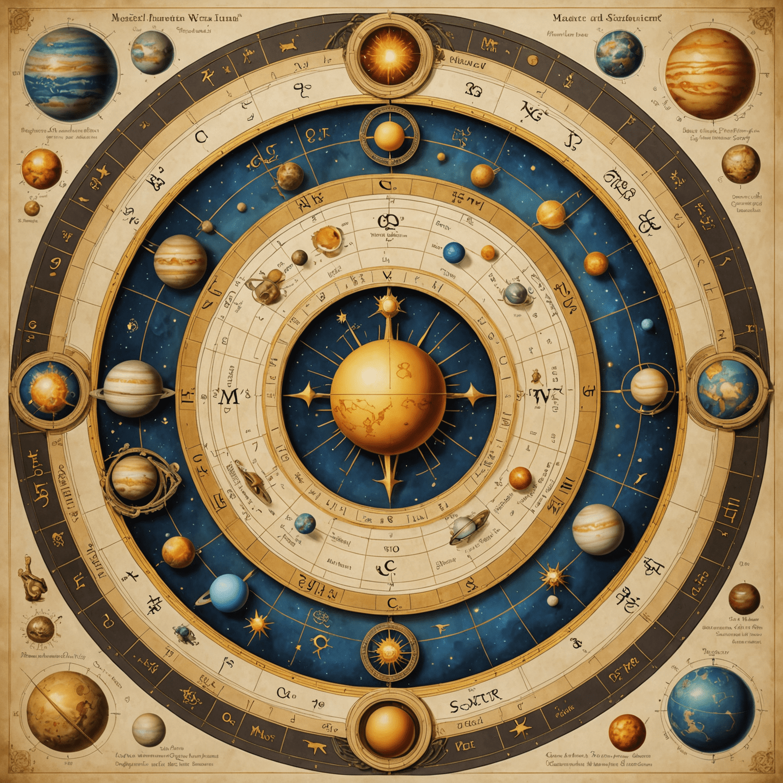 Farklı meslekleri temsil eden sembollerle çevrili bir doğum haritası. Merkür ve Satürn gezegenleri öne çıkıyor, kariyer yollarını gösteren altın çizgiler var.