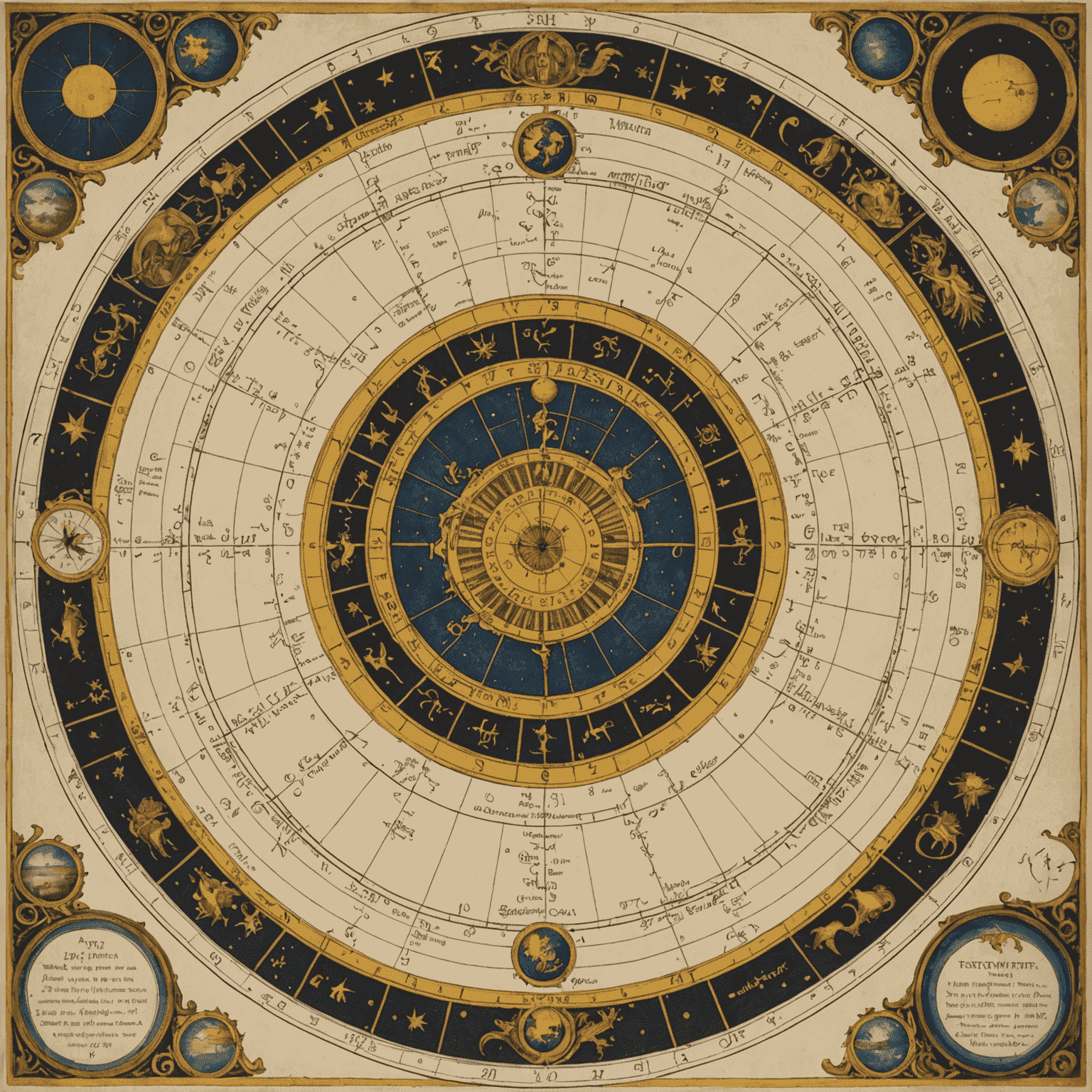 Bir yıllık takvim üzerine yerleştirilmiş gezegen hareketlerini gösteren astrolojik çizelge. Her ay için önemli transit ve açıları gösteren altın çizgiler ve semboller var.